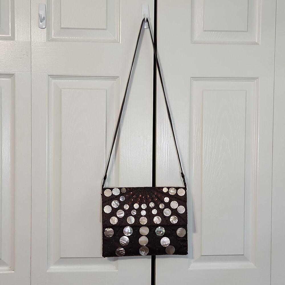 Vintage Brown Spun Silk Beaded Shell Crossbody Purse Magnetic Closure Unique